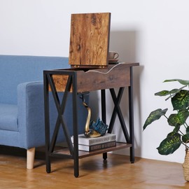 SUPER DEAL Set of 2 End Tables with Charging Station Narrow Side Table Modern Flip Top Nightstands with USB Ports and Outlets for Bedroom Bedside Living Room, Metal Frame, Industrial Rustic Brown