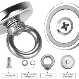 Neodymium Fishing Magnets 2 Pack, 80KG Pulling Force Strong Round Rare Earth Magnet N52 with Countersunk Hole Eyebolt for Magnetic Fishing, River, Salvage, Treasure Hunting, 48mm Diameter