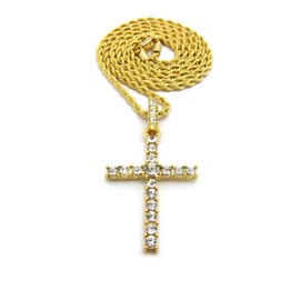 Icemond Rhinestone Filled Cross Pendant Chain Necklace for Men Women 18"/20"/24" Box, Cuban, Rope Chain in Gold Tone (Gold - 24" Rope Chain)