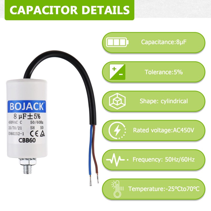 BOJACK 8uF 450V Motor Running Capacitor 34 x 63 mm