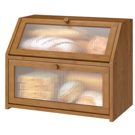 Vriccc Bread Box for Kitchen Counter, Large Bamboo Wood Double Layer Bread Box, Wooden Bread Storage Capacity
