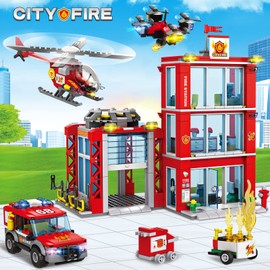 City Fire Station Building Blocks Set with Fire Truck, Fire Rescue Helicopter,Drone & Fire Engine Toys,Fire Command Center Playset, Firefighters Roleplay Toy Gifts for Kids Boys Girls Ages 6+(744PCS)