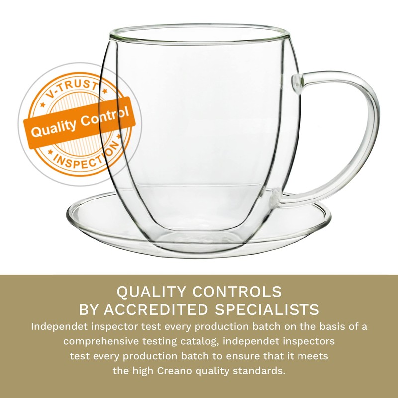 Creano Double Walled Coffee Glasses with Handle & Saucer 250ml
