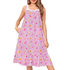 SWOMOG Women's Cotton Nightgowns Sleeveless Night Gown Victorian Lace Trim Sleepwear Soft Long Nightdress with Pockets Floral Pink Large