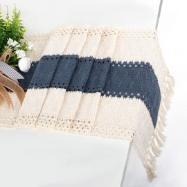 Karlesi Table Runner,Cotton and Natural Burlap Splicing Table Runner with Tassels,Hand Woven Natural Farmhouse Table Runner for Bohemian Wedding Home Kitchen Dining Table Decor, 12 x 72 Inch(Blue)