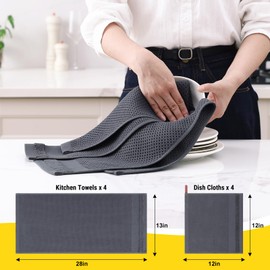 Homaxy Kitchen Towels and Dishcloths Set, 12 x 12 and 13 x 28 Inches, Set of 8 100% Cotton Waffle Weave Kitchen Towels, Super Soft and Absorbent Dish Cloths, Dark Grey