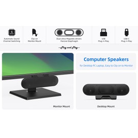 Computer Speakers for Desktop PC Monitor, External Speakers for Laptop, USB-Powered, Plug-n-Play, Wired, Clip-On, Small Computer Soundbar for PC, with Loud Sound, Rich Bass, G-Sensor, USB-C Adapter