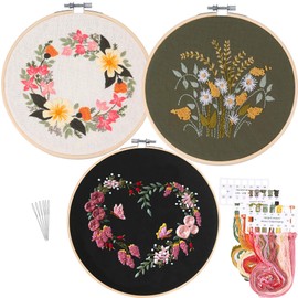 keke Full Series of Beginner Embroidery Kits Embroidery Cloth with 3 Stamp Patterns 3 Bamboo Embroidery Stretches 6 Needles 1Scissors and Instructions (Yellow)