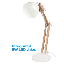 TORCHSTAR LED Swing Arm Desk Lamp, Wood Integrated Table Lamp, Heavy Base, 4-Level Dimmer, 5W, 2800K-3000K Warm White, Reading Lights for Office, Living Room, Bedroom, Bedside Nightstand Lamp, White