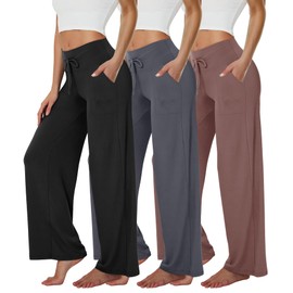 TNNZEET 3 Pack Women's Wide Leg Pants with Pockets - Casual Loose Yoga Trouser Pants Sweatpants Palazzo Lounge Pajama Pants