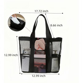 FUNSEED Mesh Beach Tote Bag for Women & Men, Travel Waterproof Sandproof Beach Bag with Zipper Pockets, Multi-Pocket Design (Green)