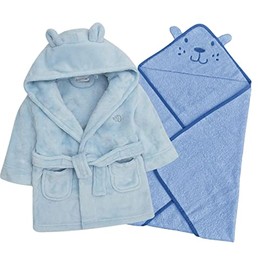 Style It Up Baby Newborn Dressing Gown Hooded Towel Wrap Set Soft Warm Unisex Bath Robe Gift (Blue Towel, Blue Robe, 12-18 Months)