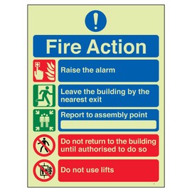 V Safety Glow In The Dark 5 Message Fire Action Notice Sign - 150mm x 200mm - Rigid Plastic
