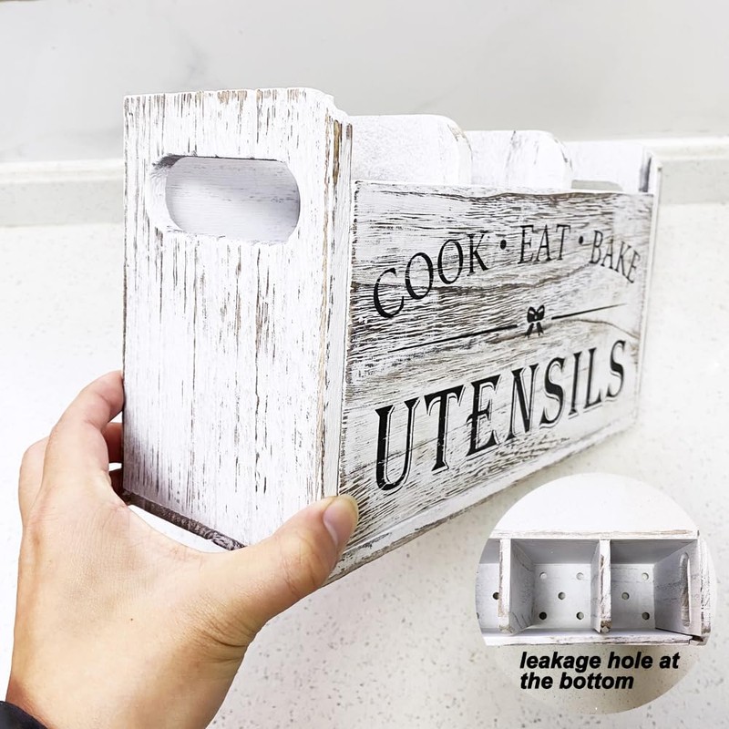 Kitchen Utensil Holder with 3 Compartments, Wooden Storage Utensil Organizer