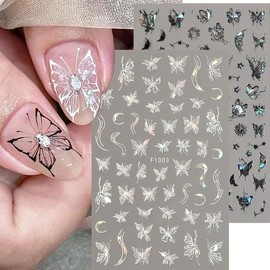 8 Sheet Black White Butterfly Nail Art Stickers 3D Butterflies Nail Decals for Women 3D Holographic Laser Butterfly Sparkly for Nail Designs Butterfly French Glitter DIY Nail Charm Manicure Decoration