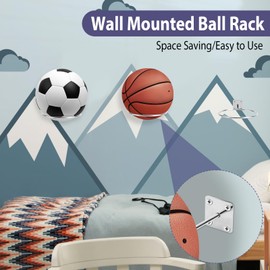 RAKUTE Pack of 4 Ball Holder Wall, Metal Ball Wall Mount with Screws, Wall Mount Ball Rack for Basketball, Football, Rugby, Volleyball Display, Ball Holder Wall as a Gift for Family Friends