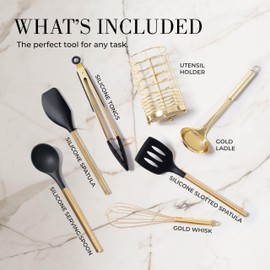 Styled Settings Black and Gold Cooking Utensils Set with Holder - 7PC Silicone Cooking Utensils Set Includes Light Gold Kitchen Utensils and Gold Utensil Holder - Black and Gold Kitchen Accessories