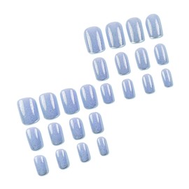 MERVF Press ons Nails Medium Square Blue Fake Nails Sliver French Tip Glue ons Acrylic Nail Glitter Design Manicure Supplies Art Glossy 24pcs