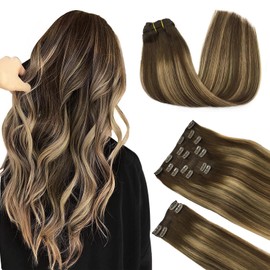 DOORES Hair Extensions Real Human Hair, Balayage Chocolate Brown to Caramel Blonde 18 Inch 135g 9pcs, Thick Extensions Clip ins Remy Natural Weft for Women