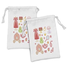 Lunarable Cartoon Fabric Pouch Set of 2, Cartoon Tiara Tea Party Mirror Teapot Tea Party Frog Crown Cupcake Girls, Small Drawstring Bag for Toiletries Masks and Favors, 9" x 6", White Coral