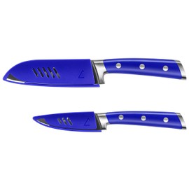 Cangshan S+ Series 1022124 - Juego de cuchillos Santoku de 2 piezas con revestimiento de titanio, acero alemán forjado con fundas, azul atlántico