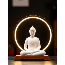 Dyware 8.8 Inch LED Buddha Statue for Indoor, White Ceramic Small Buddha Statue with LED Light for Home Decor