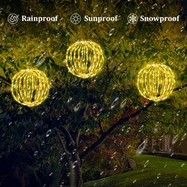 KPROE 12 Inch LED Light Balls Outdoor Set of 3, Hanging Tree Globe Lights with Fold Flat Metal Frame for Outside, Garden, Yard, Christmas Sphere Decoration (Warm White)