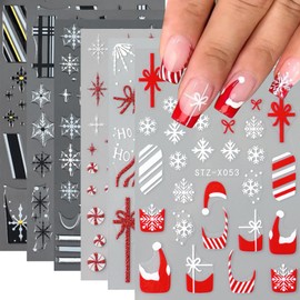 Christmas French Nail Stickers, Red Snowflake Nail Decals with Christmas Hat Snowflake Gift Bow 3D Self-Adhesive Red French Glitter Nail Tip Winter Nail Art Design for Women Girls(6Sheets)