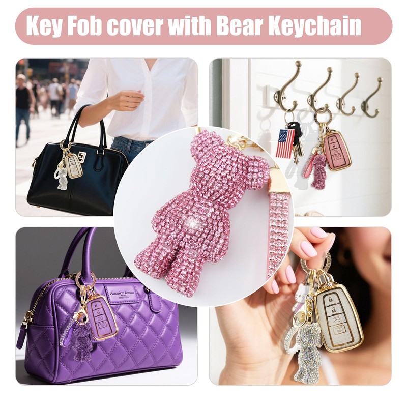 Rayslesan Cute Key Fob Cover with Rhinestone Bear Charm, Bling