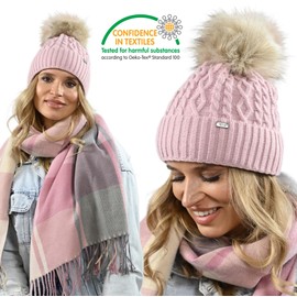 Alur Women's Beanie Winter Hat Knitted Hat with Bobble - Warm Elastic Elegant Winter Hat Eko Bobble Hat - Soft Yarn Stylish Universal Warm, pink