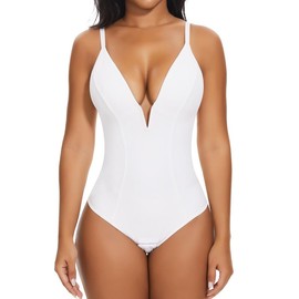 SHAPERIN Women's Deep V Neck Cami Bodysuit Plunge Double Layer Tummy Control Shapewear Thong Body Suits (Large,White)