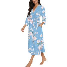 PrinStory Dressing Gown for Women Lightweight 3/4 Sleeve V Neck Long Kimono Robes Ladies Bathrobe Soft Sleepwear Loungewear (Flower Print Light Blue, XL)