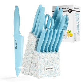 KATISUN Kitchen Knife Set with Block, 14 Piece BLUE Non-Stick Paint Coating Stainless Steel Knives Set, Anti-Rust and Dishwasher Safe, 12 Knives with Kitchen Shears and Block