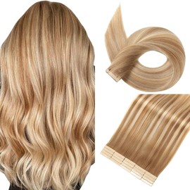 Tape in Hair Extensions Human Hair 16 Inch 20pcs Tape Hair Extensions Invisible Tape ins Hair Extensions Real Human Hair Middle Brown Highlight with Dark Blonde Remy Seamless Injected Tape Extensions