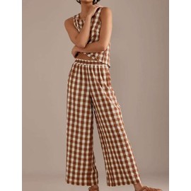 KCVVA Womens 2 Piece Outfits Gingham Set Summer Cotton Plaid Pajamas Y2k Sleeveless Top Summer Wide Leg Pants Matching Brown