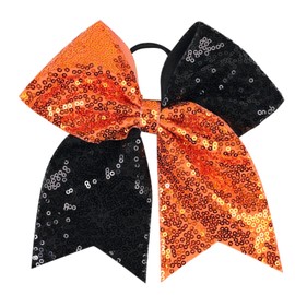Xansema Bow Hair Tie for Girls Large Cheer Bow Sequins Ponytail Women Teen Girls Cheerleading Ribbon Holder Hair Band (Black + Orange)