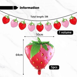 5 Pieces Strawberry Balloons, 1 Piece Strawberry Flag, Strawberry Shaped Balloons, Strawberry Theme Decoration, Fruit Party Decoration Set, Strawberry Aluminium Foil Balloons