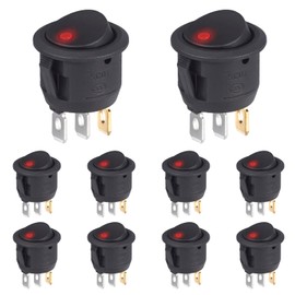 VEXUNGA Rocker Switch Illuminated Round Switch 6A 250V AC 10A 125V Rocker Switch 3-Pin Round with LED Red 2 Position On/Off Built-in Switch Black Self-Locking (Pack of 10)