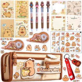 Anprola Cute Capybara Pencil Case Stationery Supplies Set Includes Pencil Bag, Ballpoint Pen, Notebooks, Sticky Notes, Correction Tape, Keychain and Stickers for Capybara Birthday Party Favors Gifts