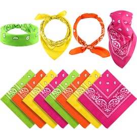 Blulu 12 Pack Unisex Paisley Bulk Cowboy Bandanas Headband Wrap Scarf Wristband for Men Women Western Costume Party(Orange, Yellow, Green, Rose Red)