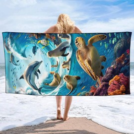 YISUMEI Microfibre Beach Towel Printed with Sea Creatures, Soft, Lightweight, Sandproof, Quick-Drying Towel, Plus Size XXL, 180 x 90 cm