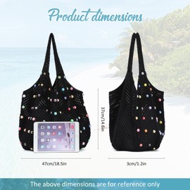 Fecialy Boho Crochet Beach Tote Bag with Coloured Beads Summer Knitted Shoulder Bag Woven Casual Organiser Handbag, black