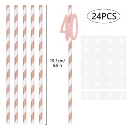 Pack of 24 Birthday Straws, 40th Birthday Straws Rose Gold Paper Straws for Birthday Party, Anniversary Party