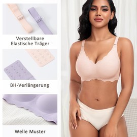 Jiuday Women's Bra Without Underwire, Lace Soft Bra, Large Breasts, Strong Hold, Push Up, Non-Wired Bra, Padded, Seamless, Comfortable, Seamless Bra, V-Neck Bralette, pink, L