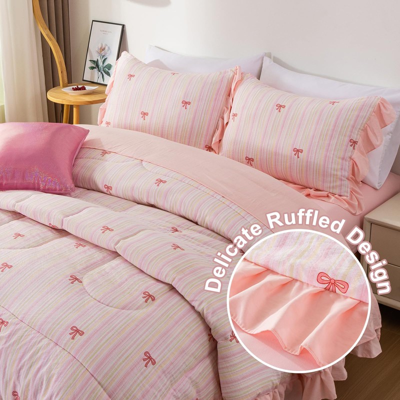 A Nice Night Rainbow Stripes & Bows Bedding Set,Ruffle 6