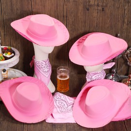 Hillban 12 Pack Cowboy Hat and Bandana Set, Cowgirl Hats Felt Cowboy Party Hats Bulk Western Bandanas for Party Costume(Pink)