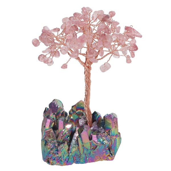 moonsix Healing Crystal Tree with Rainbow Titanium Coated Rock Quartz Cluster Base Lucky Money Bonsai Feng Shui Tree, Strawberry Quartz