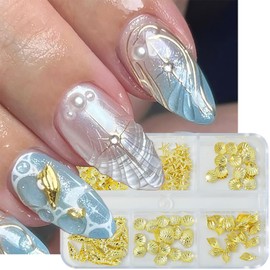 6 Grids Gold Nails Rhinestones Summer Beach Nail Charms 3D Shell Starfish Nails Gems Multi Shape Shiny Flat Black Nails Diamond Ocean Life Nail Jewels for Women Girls Acrylic Manicure Decorations