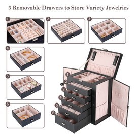 ProCase Large Jewelry Organizer Box for Women Girls, 6 Layers Storage Display Holder Case with Drawers and Dividers for Earrings Necklaces Rings Bracelets Watches -Black