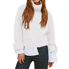 Saodimallsu Womens Turtleneck Fuzzy Sweaters Long Sleeve Chunky Knit Casual Loose Warm Fall Winter Pullover Sweater White